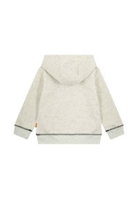 Hellgrauer Hoodie mit einem gesprenkelten Muster, ausgestattet mit einer großen Kapuze, gerippten Bündchen und einem kontrastierenden Saum mit Nahtakzenten.