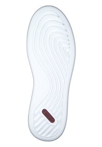 White rubber shoe sole with curved grooves and a textured surface. Features a brown logo patch in the center. Smooth finish overall.