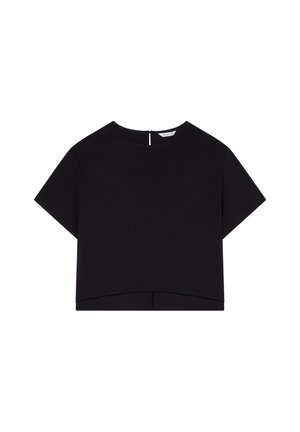 T-shirt nera cropped realizzata in tessuto leggero, con scollatura rotonda, maniche corte e un discreto dettaglio con cerniera sul retro.