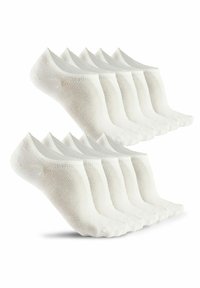 White, ankle-length socks in a mesh texture. Eight pairs displayed, featuring a seamless design and reinforced toe for durability.