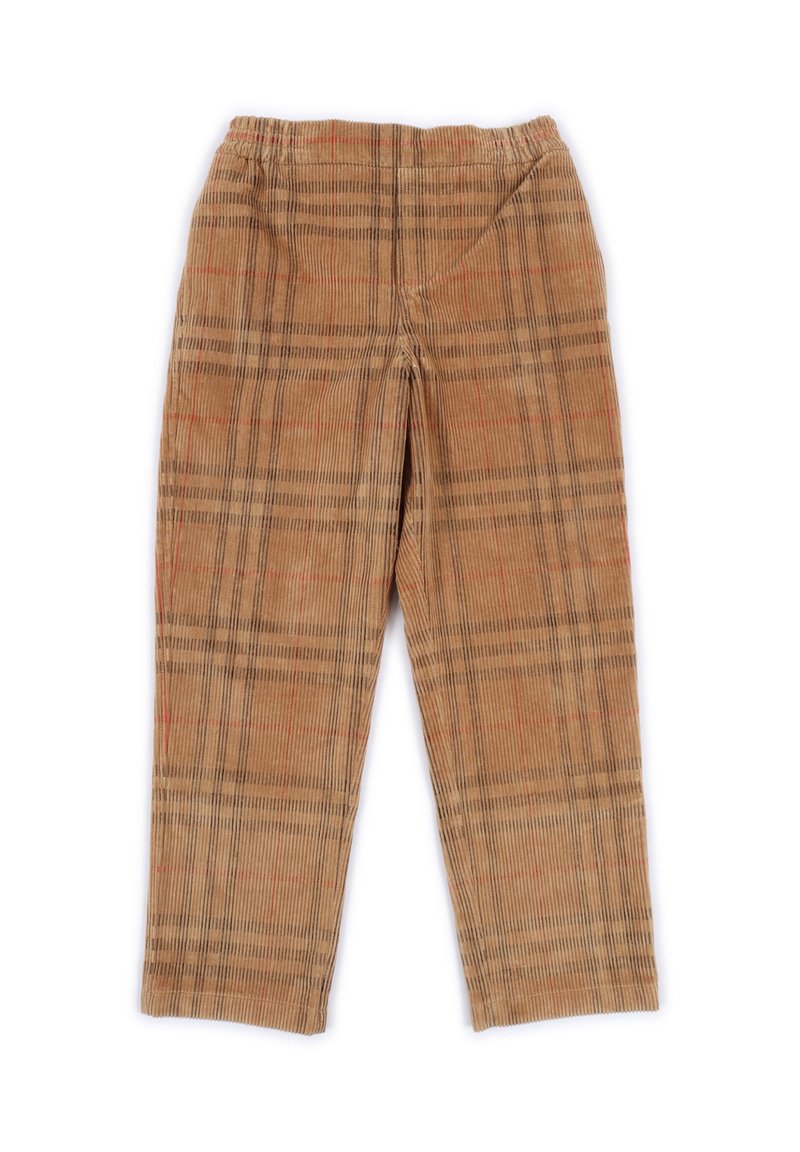 Pantaloni in corduroy marroni con un motivo a quadri caratterizzato da righe arancioni e blu, vita elasticizzata, design a gamba dritta e texture a coste.