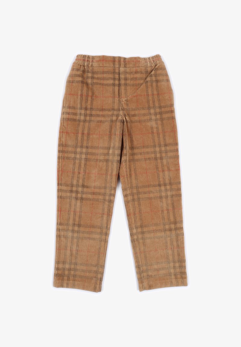 Pantaloni in corduroy marroni con un motivo a quadri caratterizzato da righe arancioni e blu, vita elasticizzata, design a gamba dritta e texture a coste.