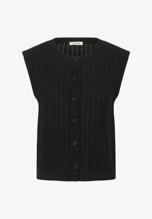 Fekete kötött mellény texturált bordás kialakítással, rövid puffos ujjak és elöl gombos záródás, hat fekete gombbal.