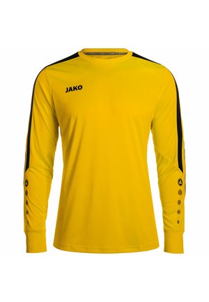 Langemouwen gele sportshirt met zwarte schouderstrepen. Het heeft een ronde hals, een logo op de borst en decoratieve accenten op de mouwen.