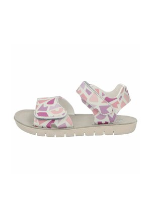 Children’s open-toe sandal with adjustable pink and purple geometric patterned straps and a beige flexible sole.