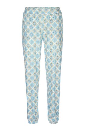 Patroon joggers in lichtblauw, met bloemenmotieven in blauw en geel, elastische tailleband en taps toelopende manchetten bij de enkels.