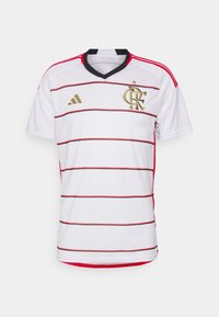 White sports jersey with red and black horizontal stripes, black V-neck, gold accents, and a logo on the chest. Designed for athletic wear.