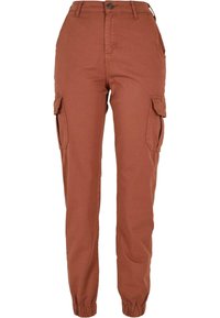 Pantalon cargo couleur rouille avec poignets élastiques, poches à rabat latérales, bouton sur le devant et passants pour ceinture.