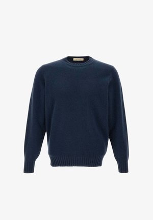 Maglione lavorato a maglia blu navy, scollo rotondo, maniche lunghe, polsini e orlo a costine, tessuto morbido, design minimalista senza motivi o accenti.