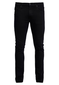 Jean en denim noir à coupe slim, avec design à cinq poches, bouton en métal et fermeture éclair, et détails de couture subtils.