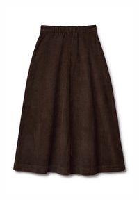 Hnědá corduroy sukně s elastickým pasem, ve tvaru A a hladkým povrchem. Nemá žádné výrazné vzory ani kovové prvky.