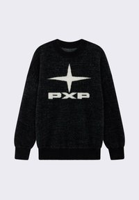 Schwarzer Pullover aus weichem Stoff mit strukturiertem Finish; verfügt über einen weißen Stern und ein "PXP"-Logo in der Mitte, Rundhalsausschnitt und gerippte Bündchen.