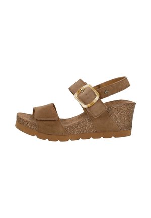 Bruine suède sleehaksandaal met een plateau in kurkpatroon, verstelbare riem met grote vierkante gesp en voorste klittenbandriem.