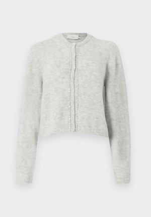 Gray cropped cardigan made of soft knit fabric, featuring a round neckline and a decorative beaded trim along the front closure.