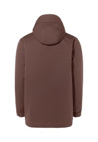 Giacca cappuccio marrone realizzata in materiale liscio e resistente all'acqua. Presenta polsini elasticizzati e un design dalla vestibilità comoda, adatto per diverse condizioni.