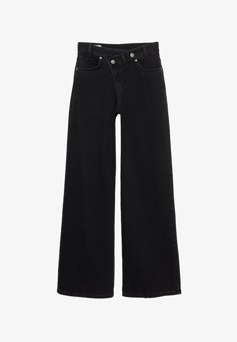 Sorte højlivede brede jeans med forlommer, bælteløkker og dobbeltknaplukning.