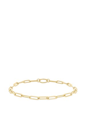 Fijn gouden armband met langwerpige rechthoekige schakels en een enkele ovale sluiting op een witte achtergrond.