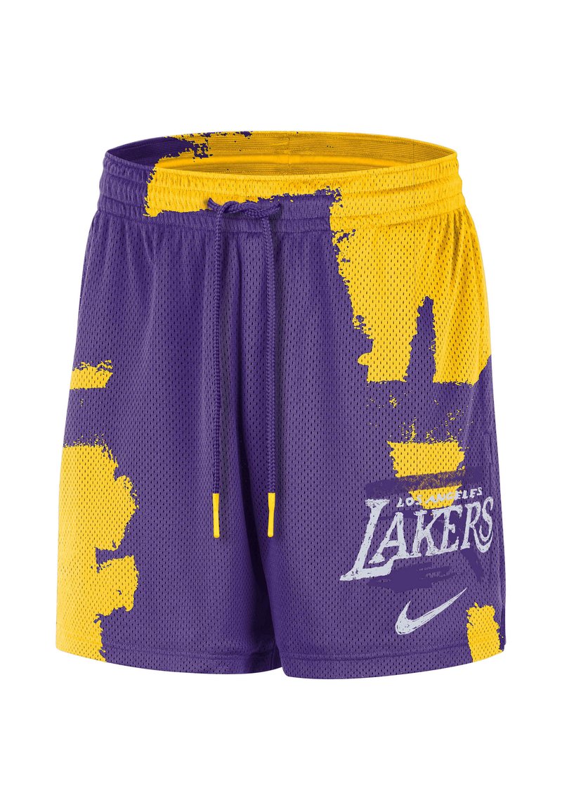 Lila und gelbe Basketballshorts der Los Angeles Lakers mit Tunnelzugbund und Nike-Logo am vorderen rechten Bein.