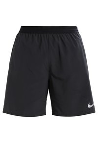 Schwarze Sportshorts aus leichtem Stoff, mit elastischem Bund und kleinem silbernen Nike-Logo auf der unteren rechten Seite.
