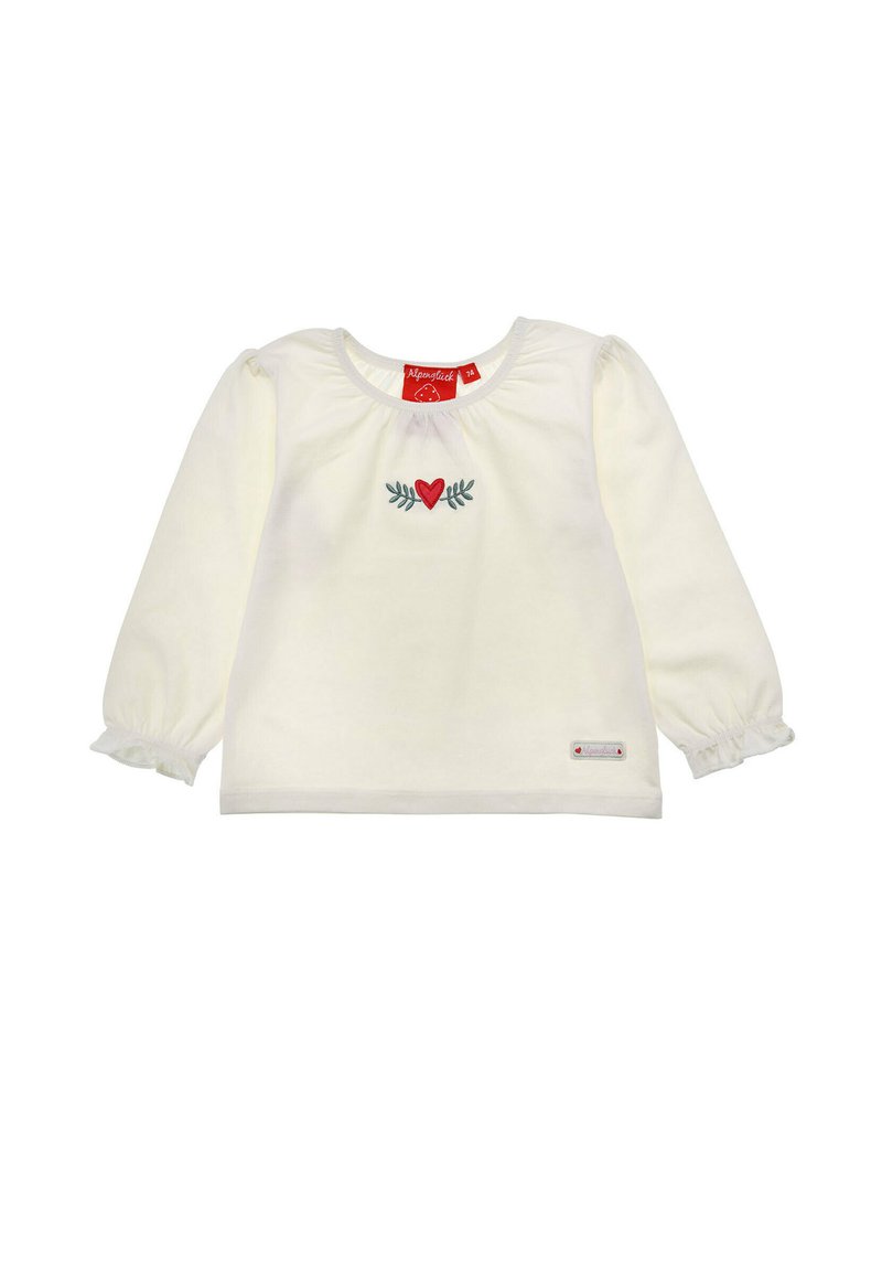 White long-sleeve shirt with round neckline, featuring red heart and green leaf embroidery at the front and gathered cuffs. Label on the hem.