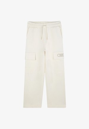 Pantalons cargo couleur crème avec une taille à cordon de serrage, deux poches latérales et un logo discret en tissu doux et texturé.