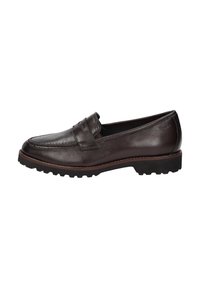Dark brown leather loafer with ridged black sole, penny strap detail, and stitched edges, shown from the inner side.