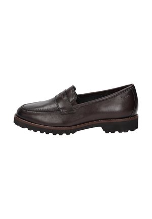 Dark brown leather loafer with ridged black sole, penny strap detail, and stitched edges, shown from the inner side.