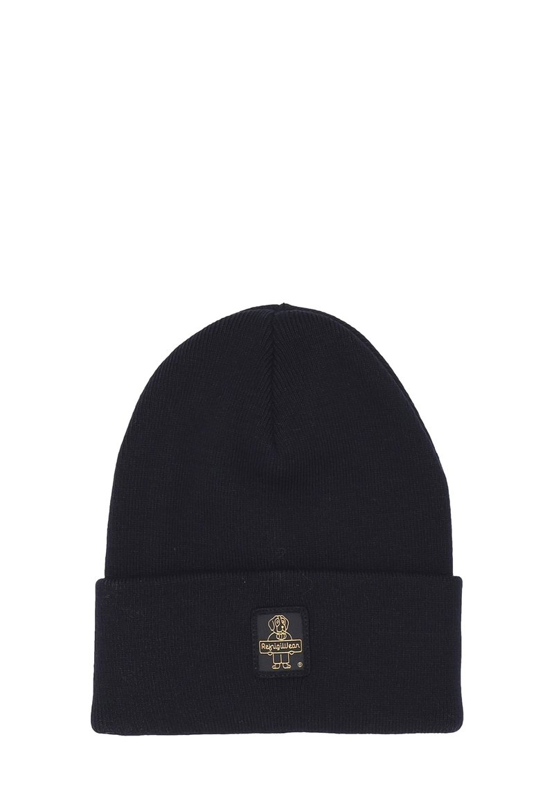 Cappello di lana nera con risvolto. Presenta un'etichetta quadrata sul davanti con un logo di cane dorato e il nome del marchio. Tessuto morbido e elasticizzato.