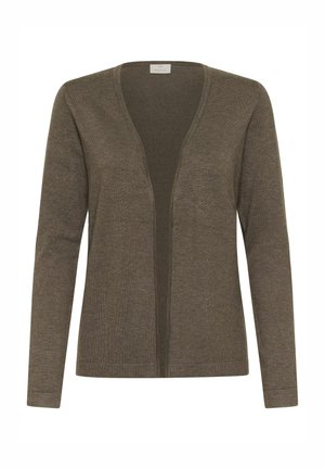 Open-front cardigan in olijfgroen, gemaakt van zachte gebreide stof. Heeft lange mouwen en een diepe V-halsontwerp met minimale stikdetails.