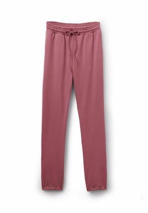 Hose aus einem glatten, dehnbaren Stoff in staubrosafarbener Farbe. Verfügt über einen elastischen Bund mit Kordelzug und zulaufende Beinabschlüsse.