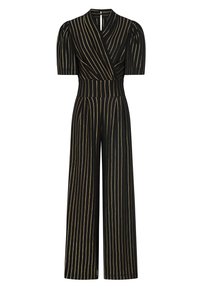 Schwarzer und goldgestreifter Jumpsuit mit V-Ausschnitt, Puffärmeln und weit geschnittenem Design. Weicher Stoff mit glatter Textur und taillierter Passform.