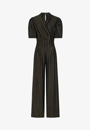 Must mustriba mustrivne kostüüm mustriga must kullaga, millel on V-kaelus, puhvärv ja laiusjalgade disain. Pehme kangas sujuva tekstuuri ja kohandatud lõikega.