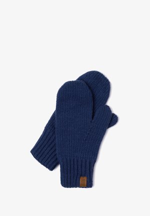 Tengerészkék kötött kesztyűk bordás mandzsettával, texturált mintával és egy kis bőrcímkével díszítve.