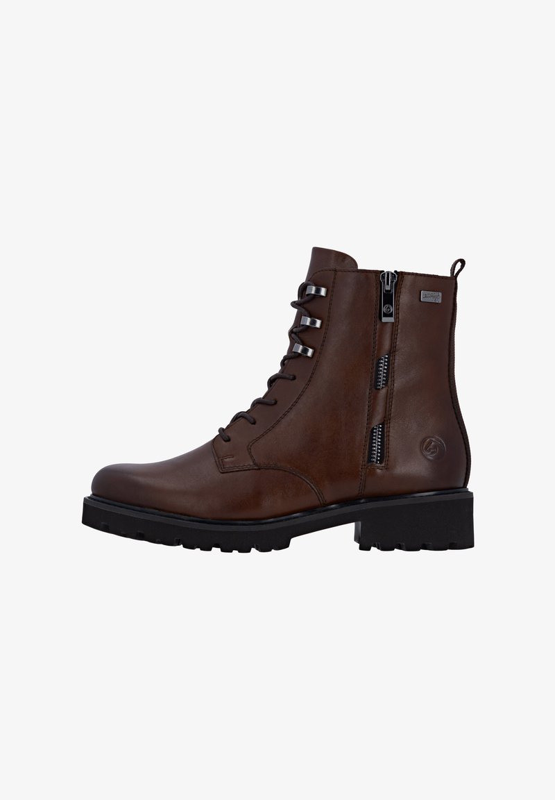 Brown leather ankle boots with a round toe, lace-up front, side zip closure, and textured black rubber sole. Features metallic accents.