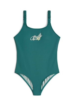 Costume intero color verde petrolio con spalline regolabili arricciate, interno morbido e logo del marchio crema sul davanti. Materiale elasticizzato e liscio.