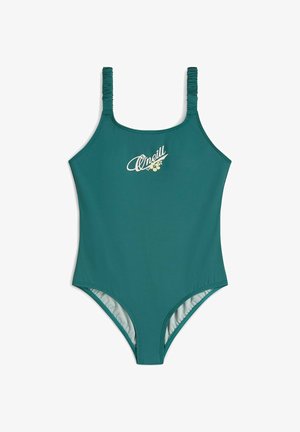 Žalsvas vientisas maudymosi kostiumėlis su reguliuojamomis surenkamomis petnešėlėmis, minkštu vidiniu pamušalu ir kremine prekės ženklo logotipu priekyje. Lygus, tamprus audinys.