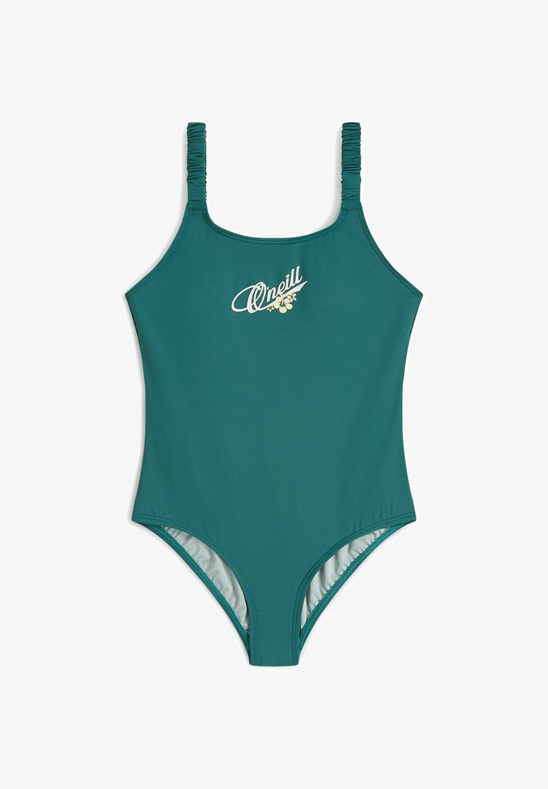 Sininen-yksiosainen uimapuku säädettävillä kerätyillä olkahihnoilla, pehmeällä sisävuorella ja etupuolella vaaleanbeige merkki-logo. Sileä joustava materiaali.