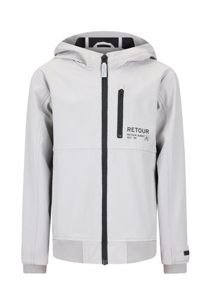 Giacca grigia chiaro con cappuccio, tasche con cerniera nere sulla parte anteriore e sul petto, polsini a coste e logo "RETOUR Jeans EST. '89" sul petto.