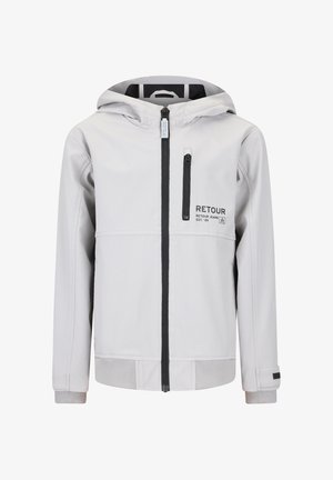 Giacca grigia chiaro con cappuccio, tasche con cerniera nere sulla parte anteriore e sul petto, polsini a coste e logo "RETOUR Jeans EST. '89" sul petto.