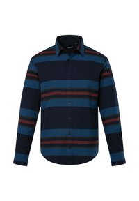 Camicia a maniche lunghe a righe con righe orizzontali blu, navy e bordeaux, colletto button-down e orlo dritto con bordi arrotondati.