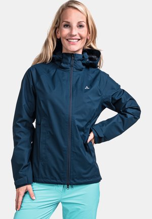 Marineblauer wasserdichter Parka mit durchgehendem Reißverschluss, verstellbare Kapuze und elastischen Bündchen. Glatte Textur mit minimalistischen Logos und taillierter Passform.