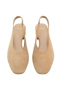 Suede slingback shoes in a light beige color, featuring a rounded toe, cut-out side, and flat heel. Simple design with minimal accents.