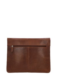 Pochette en cuir marron avec une poche zippée horizontale près du haut et des coutures visibles au centre et sur les bords.