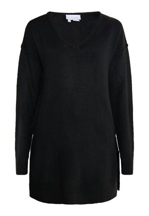 Zwart, langärmige sweater met een V-hals en zijsplitten. Gemaakt van een zachte, gestructureerde stof met een ontspannen pasvorm.