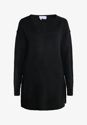 Sort, langærmet trøje med V-hals og sideslidser. Fremstillet af et blødt, struktureret stof med en afslappet pasform.