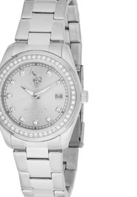 Montre bracelet en argent avec un cadran rond, des accents en diamants et un bracelet en maillons métalliques. Présente un cadran gris et un affichage de la date.