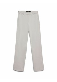 Lysegrå vide bukser i et glatt, teksturert stoff. Har frontlommer og en linning med en stropp til å feste.