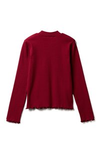 Bordový žebrovaný top s dlouhým rukávem a vysokým výstřihem se zvlněnými okraji. Obsahuje texturovanou tkaninu a zkrácený střih.