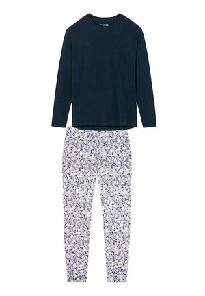 Haut bleu marine à manches longues associé à un pantalon blanc à cordon orné d'un motif floral bleu marine et beige.