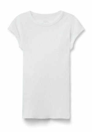White short-sleeve ribbed crew neck t-shirt, flat lay on white background, showing front side and simple casual style.